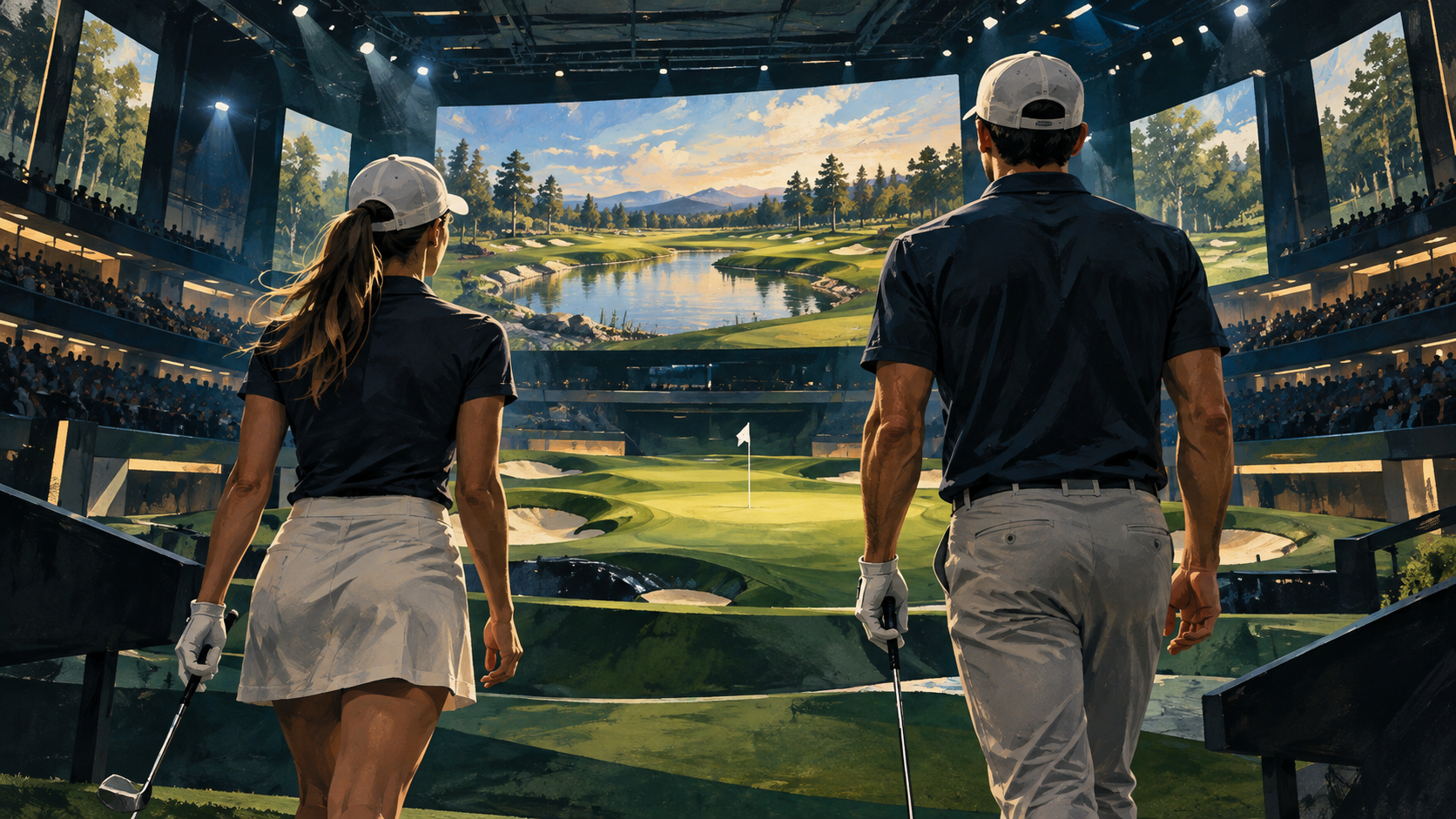Original illustration of two golfers looking across a simulator golf arena