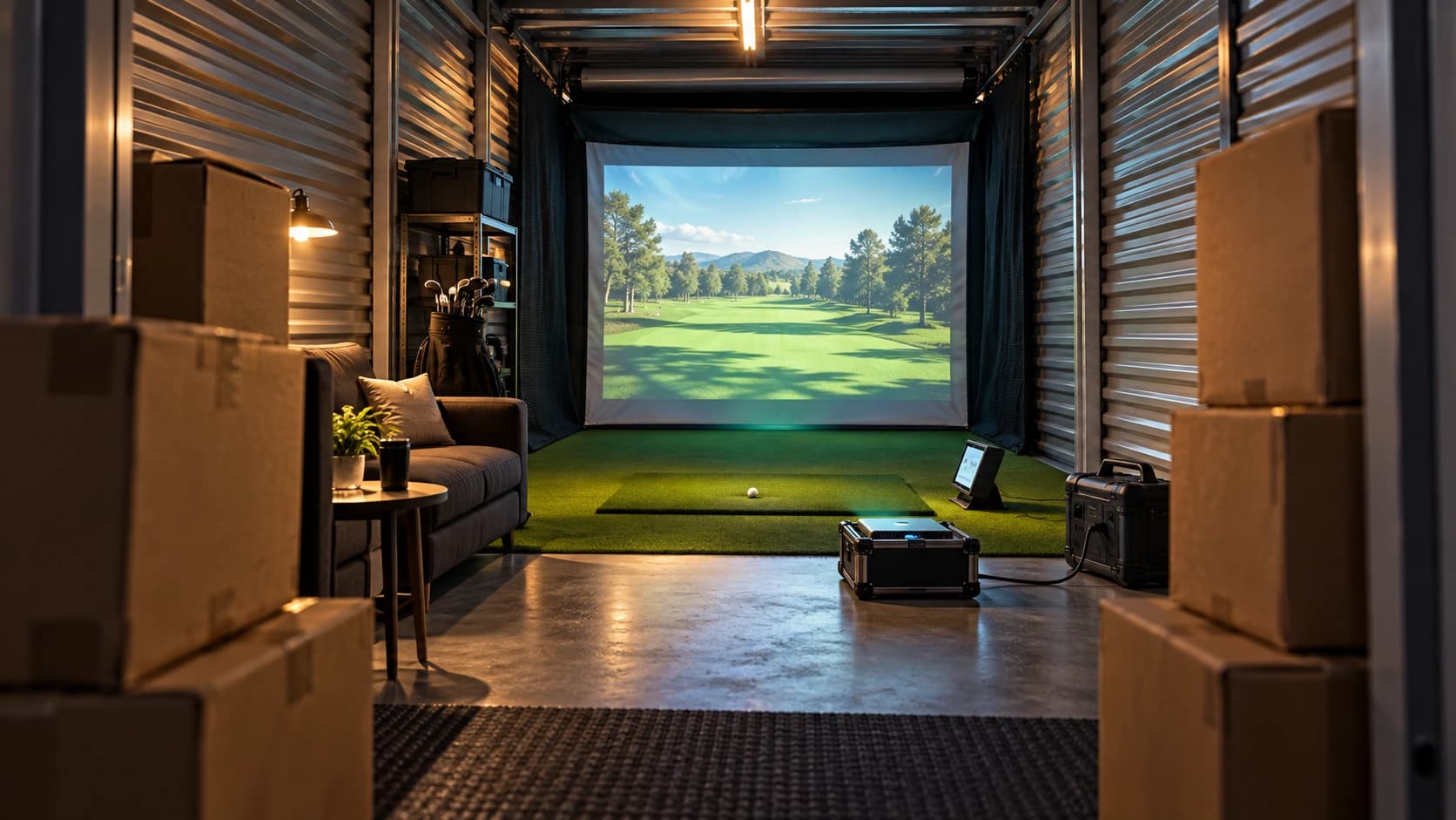 Josh Mayer’s storage-unit golf room comes together around a floor-level simulator cover