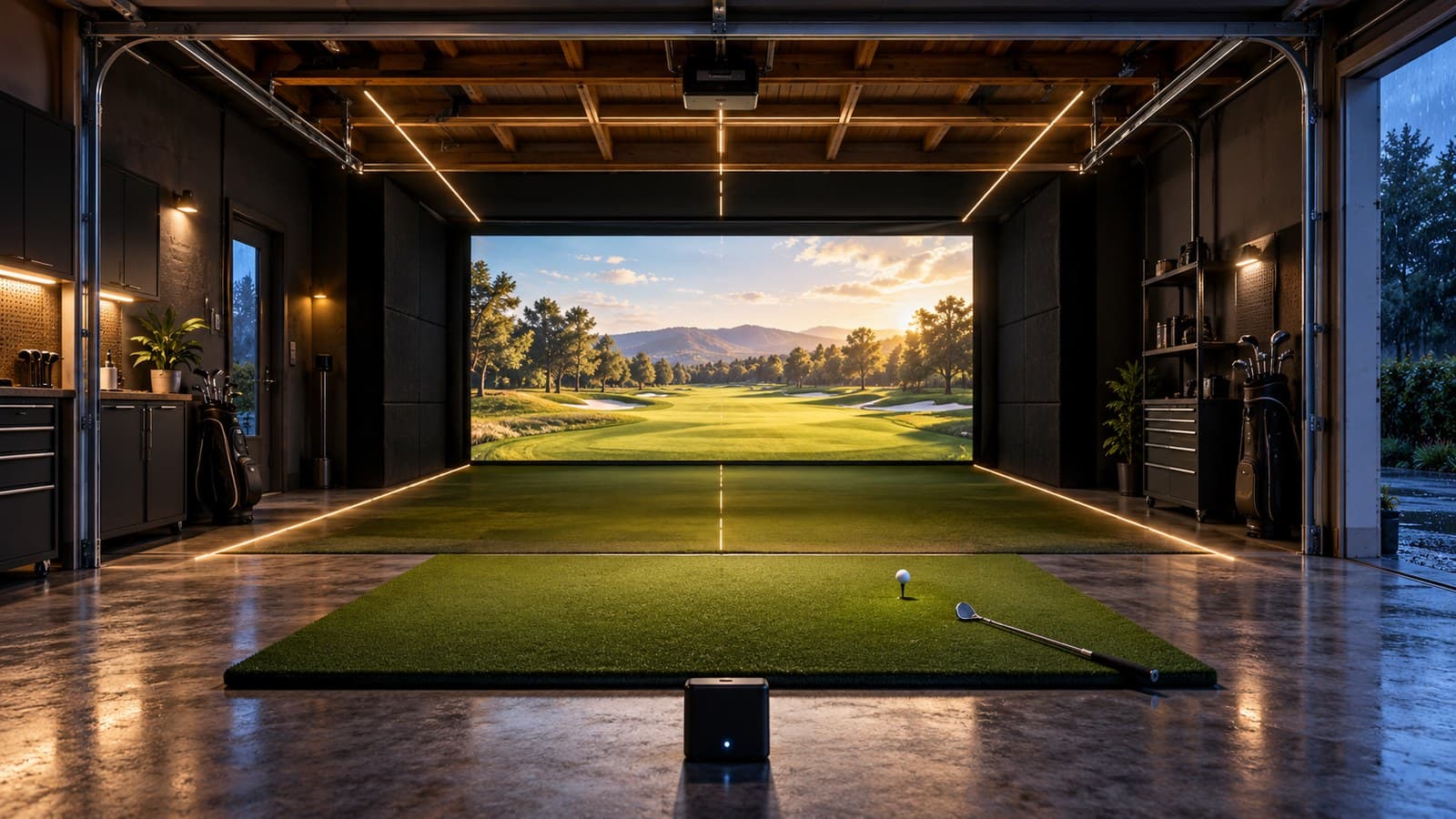 Rain or Shine Golf says a sim room starts at 10 feet high and 12 feet wide cover